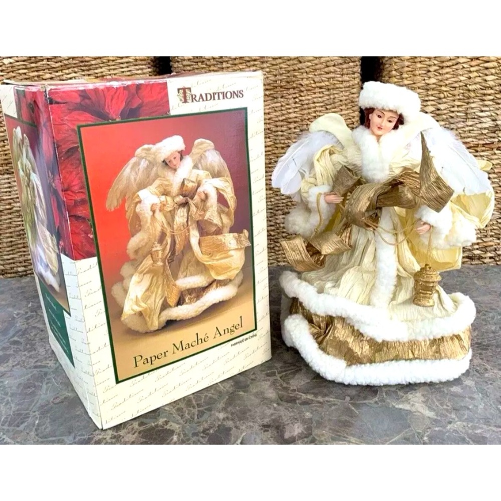 Vintage TRADITIONS Paper Mache Gold Ivory 16" Angel Tree Topper Centerpiece